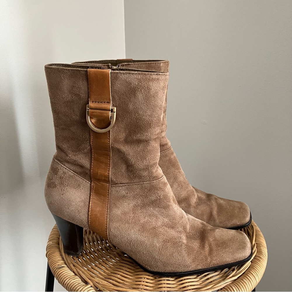 Vintage Real Leather Suede Square Toe Booties